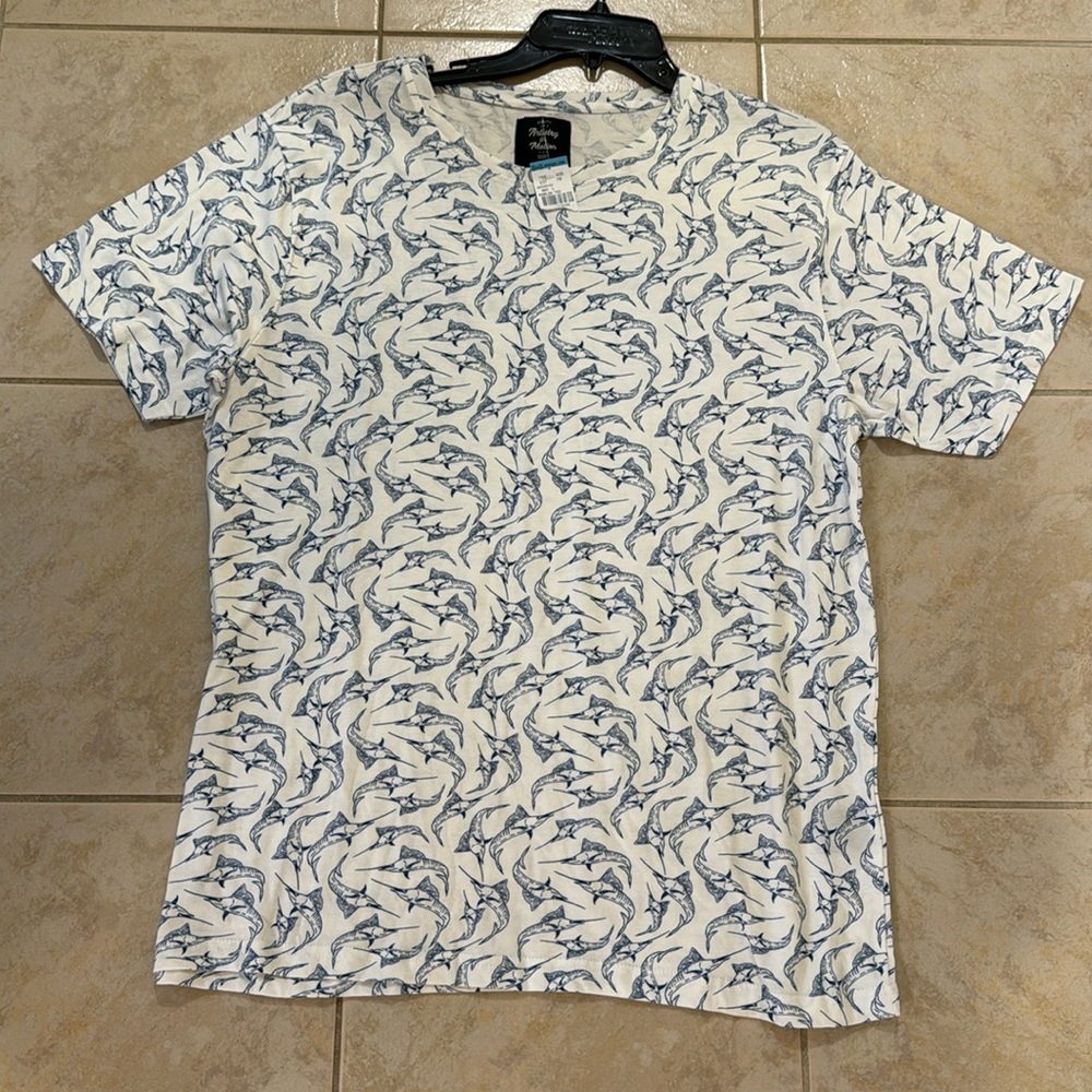 Artistry in motion. Mens size large. White with blue tuna tee. NEW WITH TAGS!!!